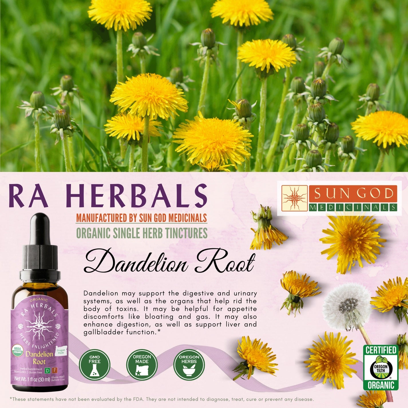 Dandelion Root Tincture Ra Herbals Certified Organic 1oz