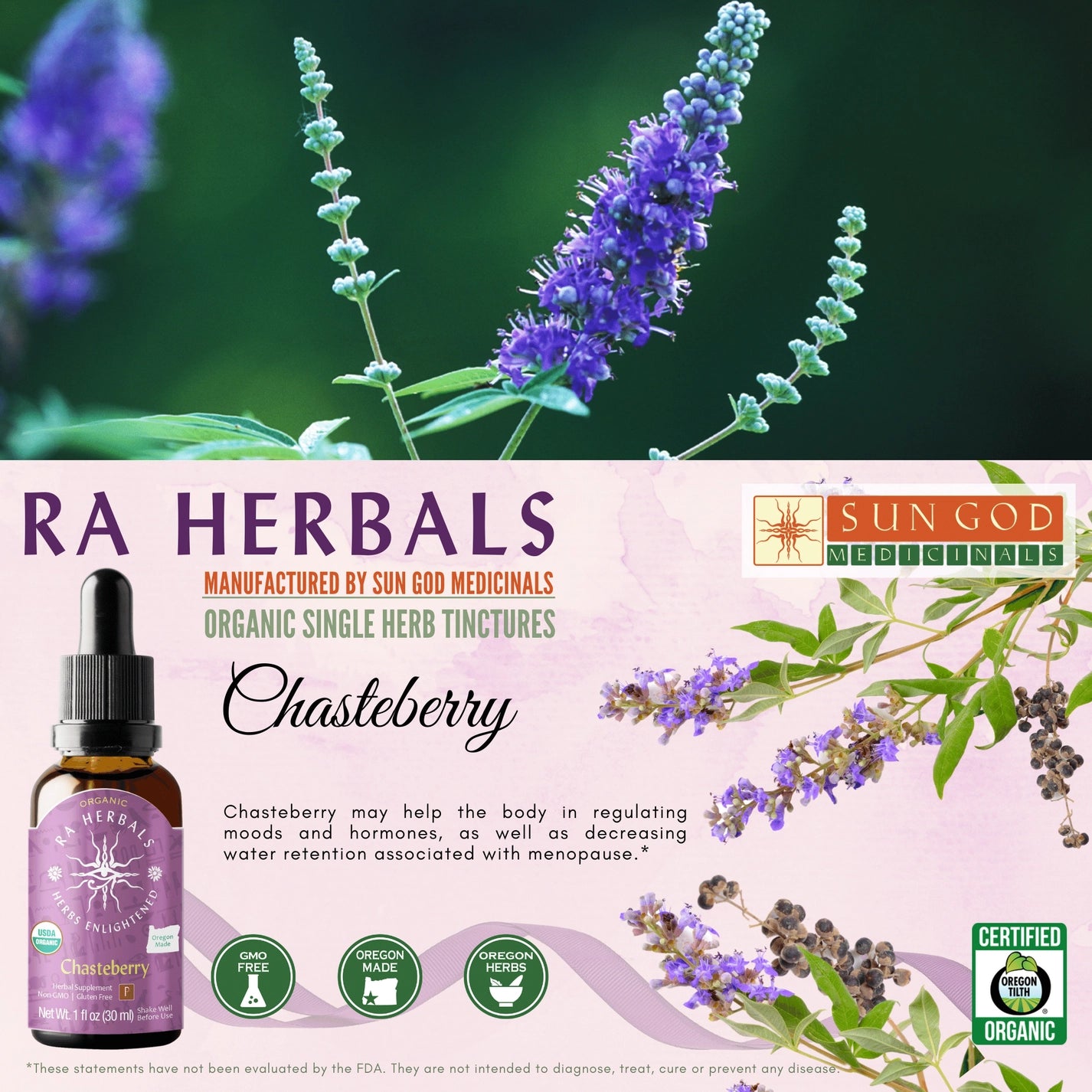 Chasteberry (Vitex) Tincture 1 oz Ra Herbals Certified Organic