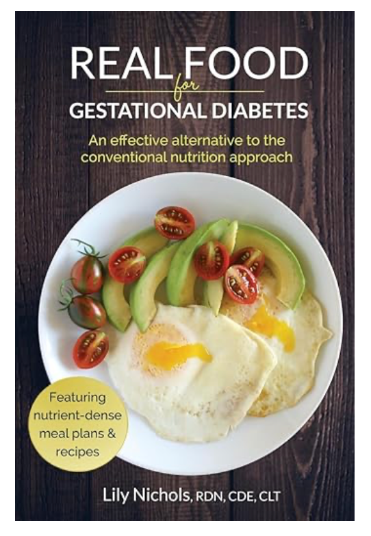 Book cover of 'Real Food for Gestational Diabetes' with a plate of food on a wooden background