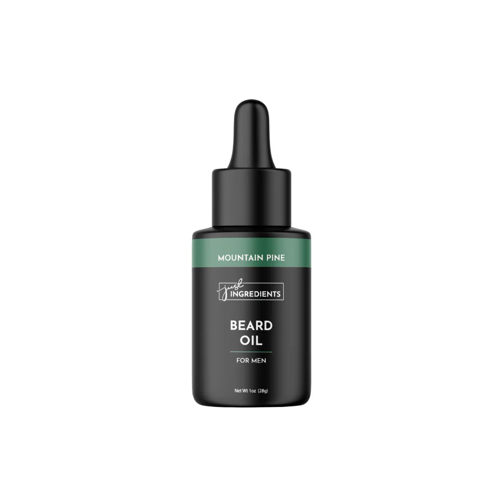 Beard oil bottle with black and green design on a white background