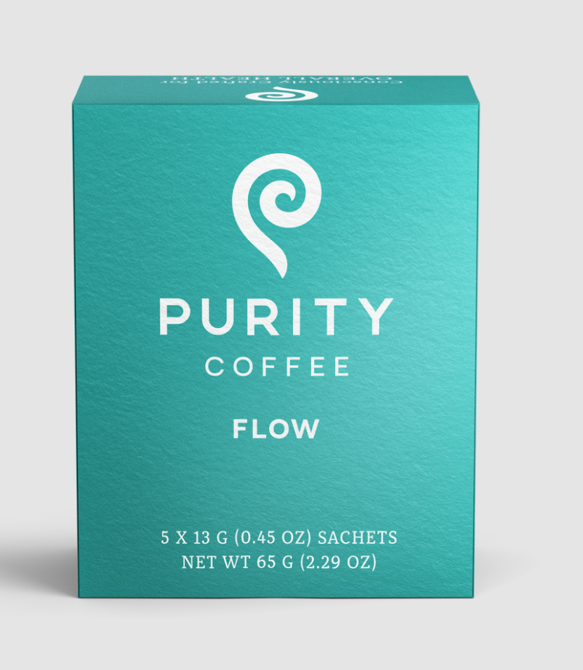Purity Coffee Flow packaging on a light gray background