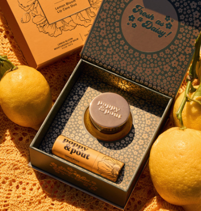 Dúo para el cuidado de los labios, Lemon Bloom, amapola y labios carnosos