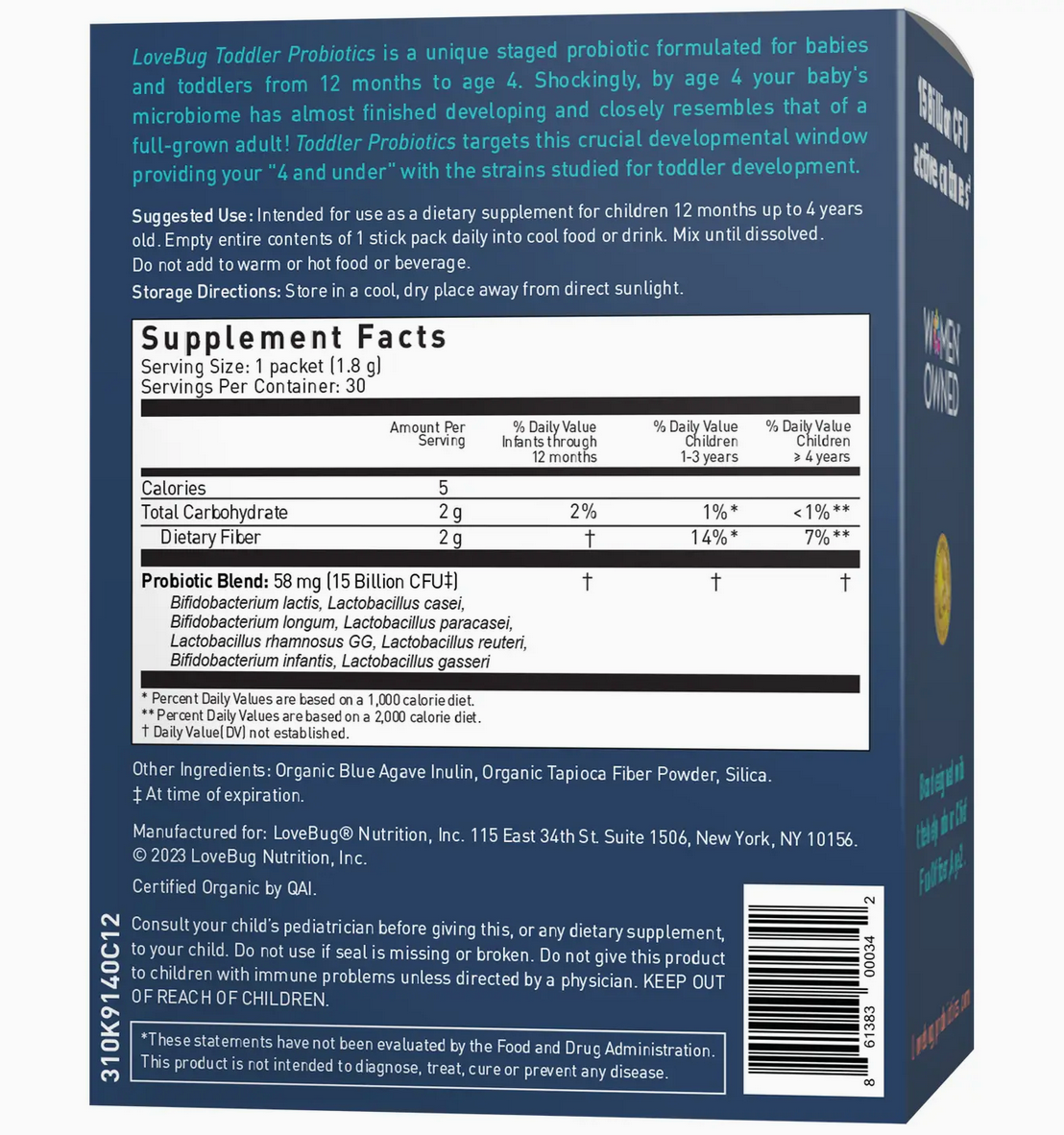 Toddler Probiotics 12 Months - 4 Years Organic (Powder) 30 Single Serve Stick Packs