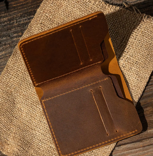 Egte leer tweevoudige beursie, handgemaakte beursie vir mans