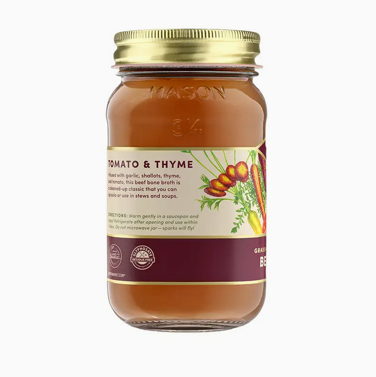 Caldo de huesos de res alimentada con pasto, tomate y tomillo, 14 oz