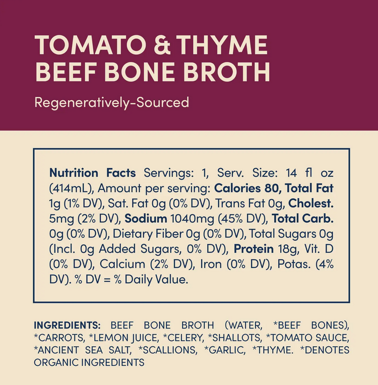 Caldo de huesos de res alimentada con pasto, tomate y tomillo, 14 oz