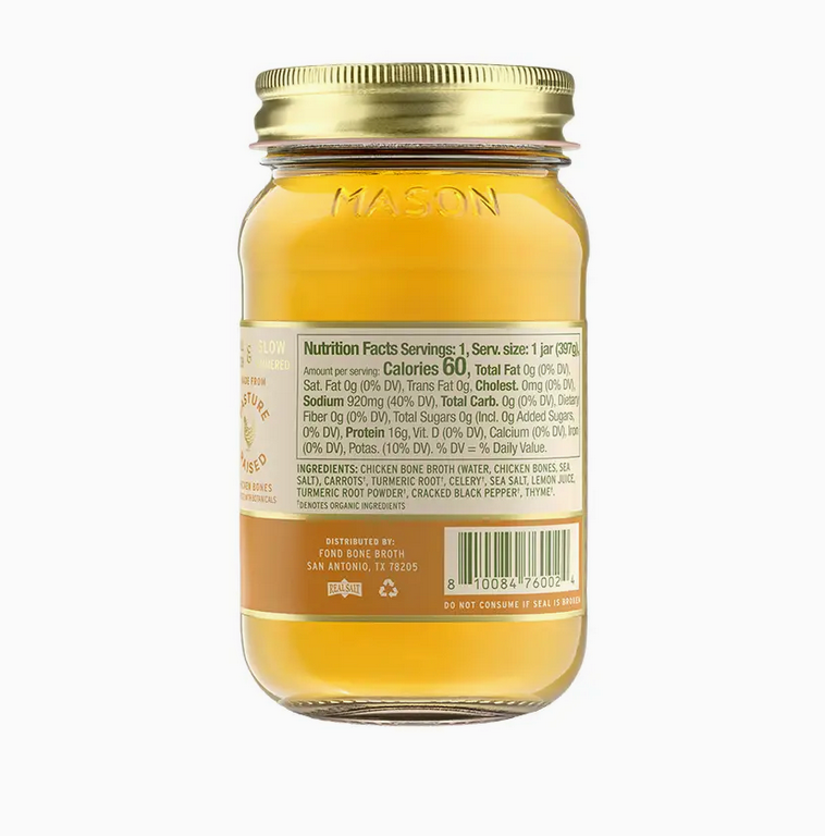 Caldo de huesos de pollo criado en pasturas con cúrcuma y pimienta, 14 oz