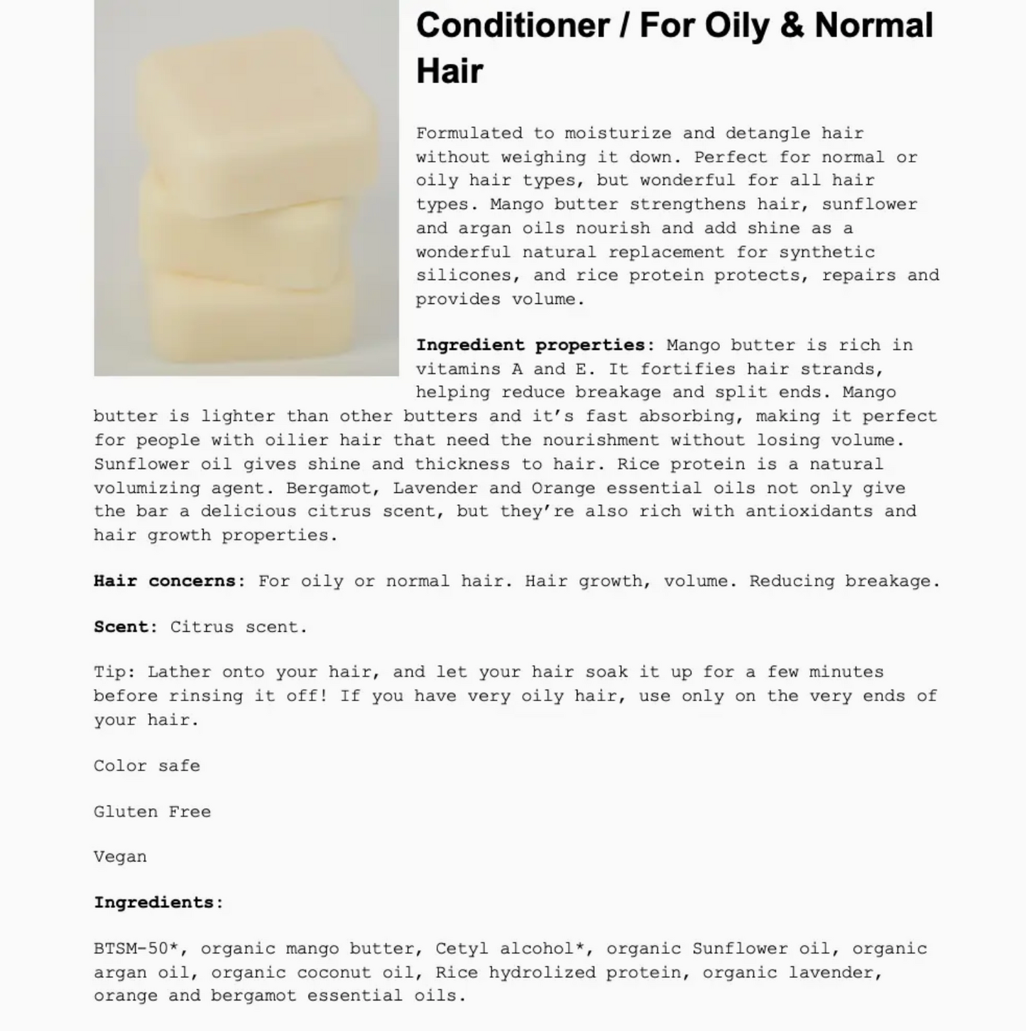 Unpackaged Argan Oil Solid Conditioner Bar -Normal/Oily Hair