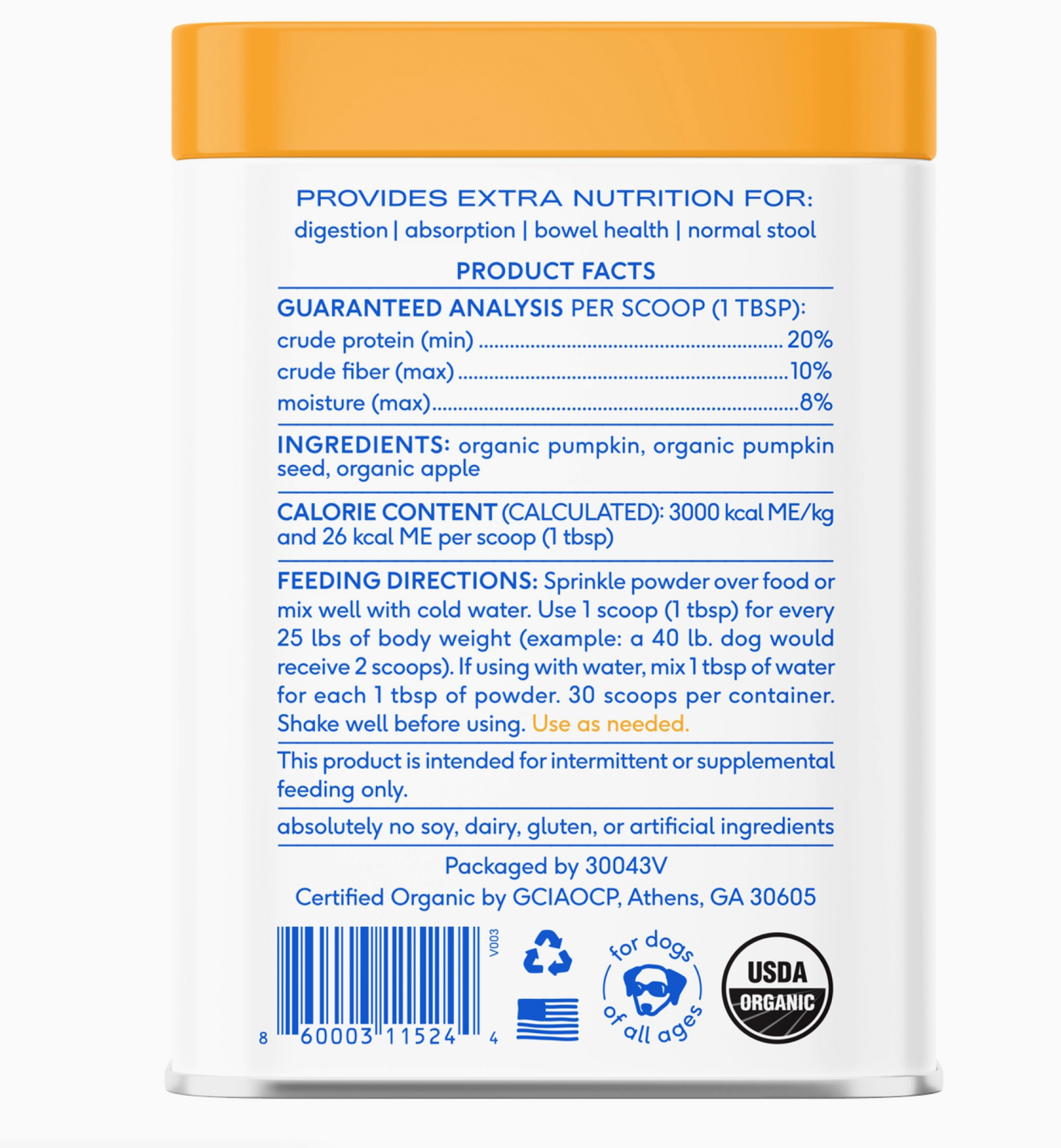 Organic Pumpkin Fiber Powder, Digestive Supplement For Dogs