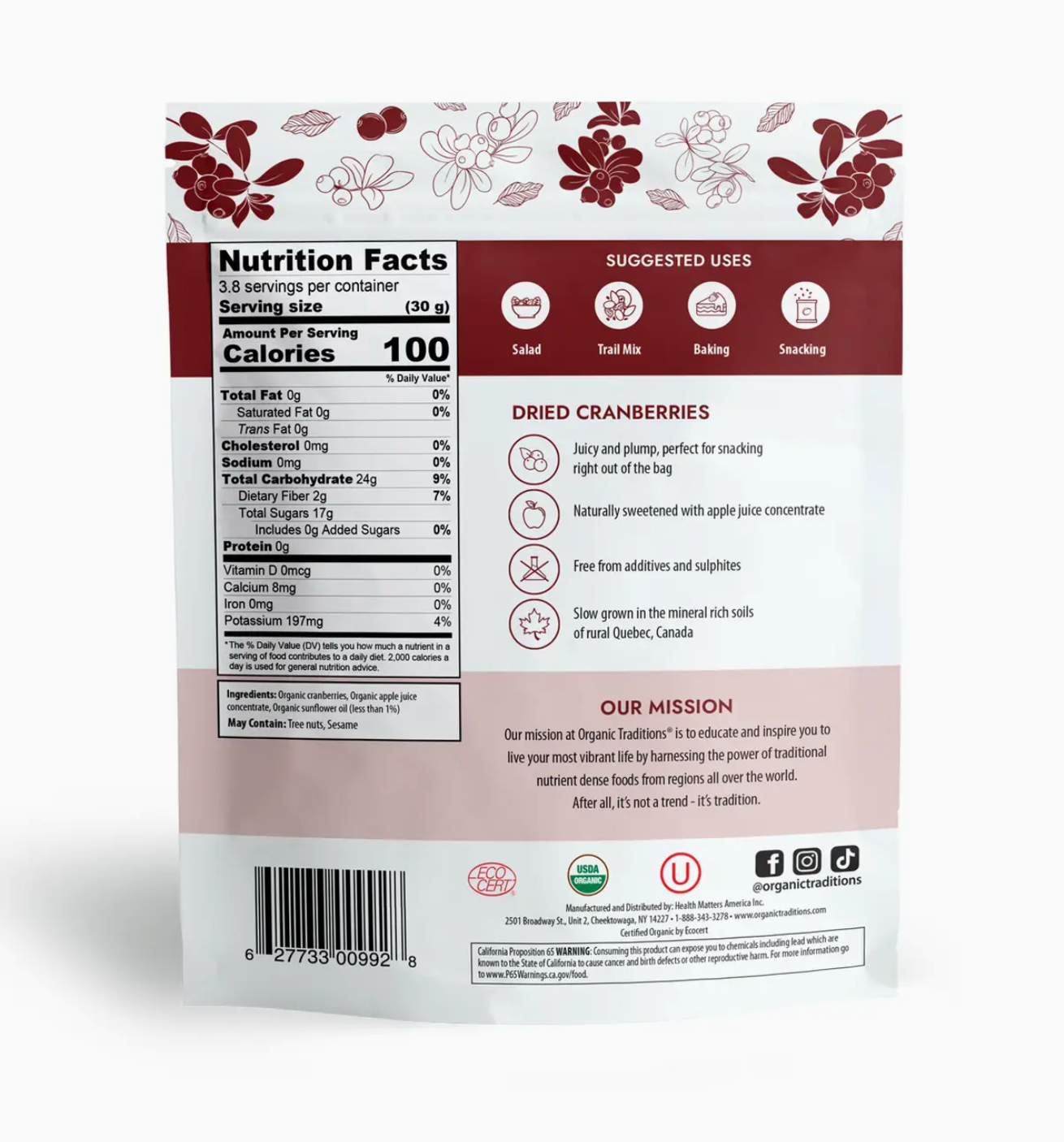 Organic Dried Cranberries - 4 oz (113g)