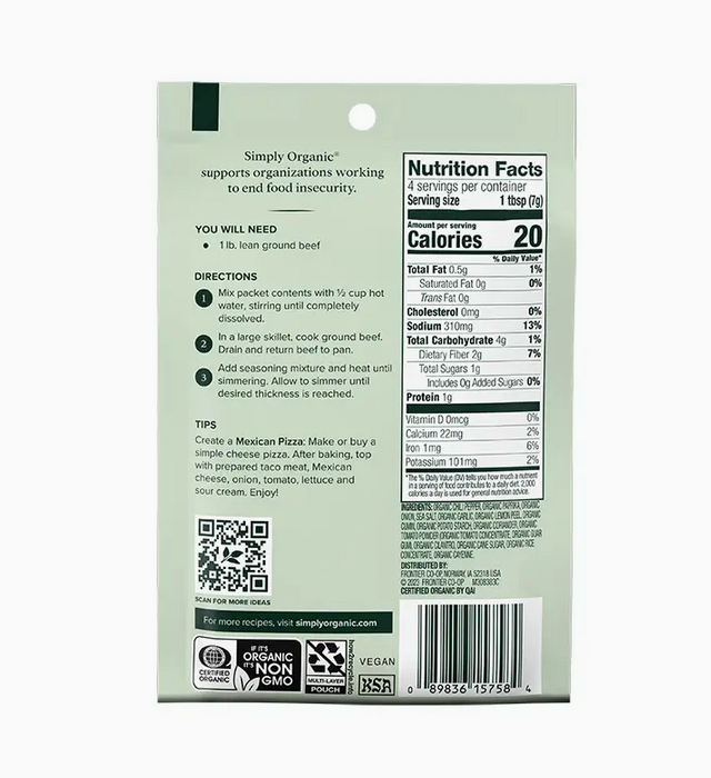 Simply Organic Mild Taco Seasoning, Certified Organic