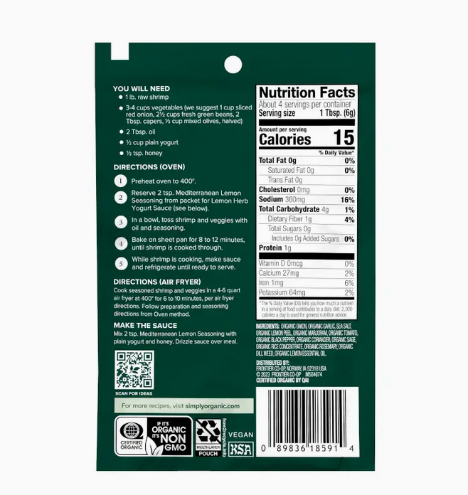 Simply Organic Sheet Pan Seasoning, Mediterranean Lemon