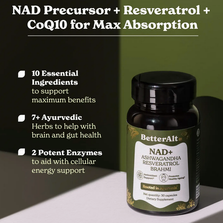 Nad+ Capsules | Nad+ Precursors, Resveratrol, CoQ10, Ashwagandha | 8 Ayurvedic Ingredients