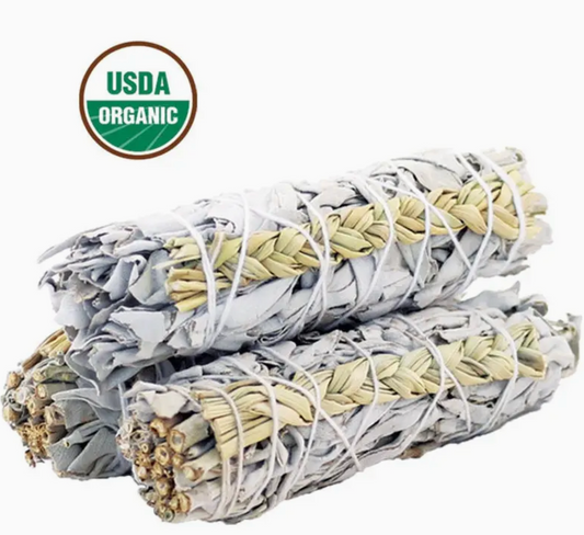 4" Organic White Sage & Sweetgrass Smudge Stick - Cleansing, Purification + Attract Positive Energies