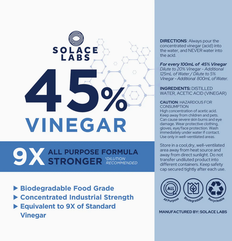 45% Pure Vinegar - 9X Concentrated Industrial Grade Bio Degradable Food Grade