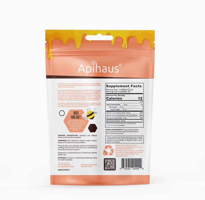 Manuka Honey and Propolis Lollipops Peach 20 Lollipops