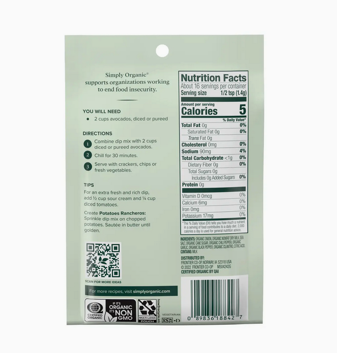 Guacamole Dip Mix, Certified Organic, Vegetarian, 0.8 oz