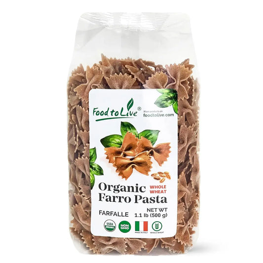 Bag of organic farro pasta with 'Food to Live' branding on a white background