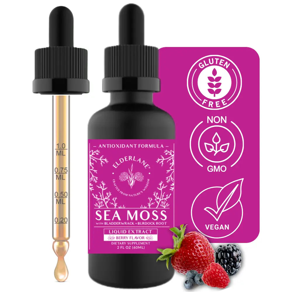 Sea Moss liquid extract bottle with dropper and purple label on a white background