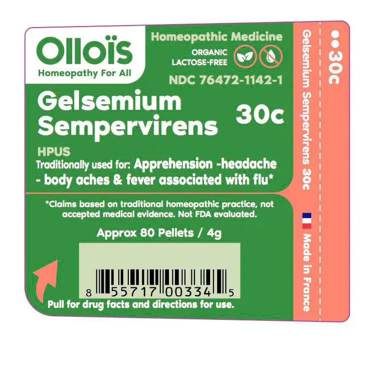 Olloös Gelsemium Sempervirens 30c homeopathic medicine packaging label.