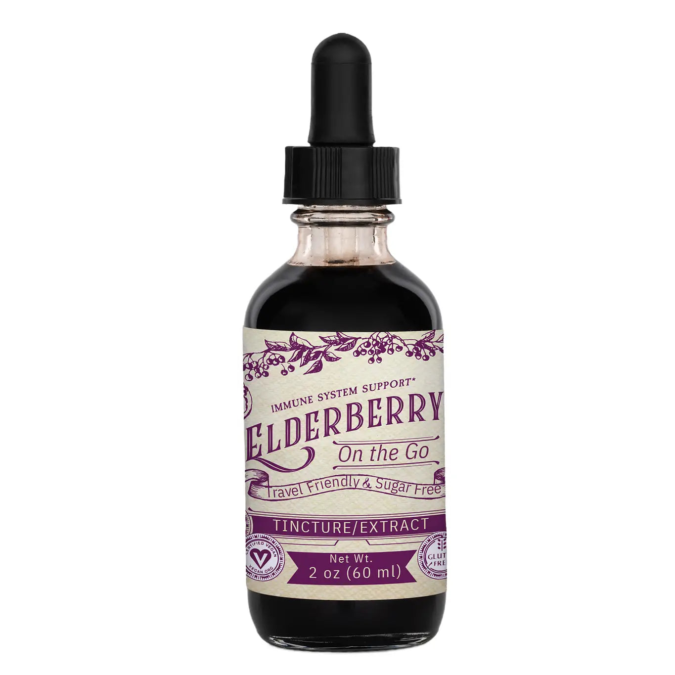 Bottle of Elderberry extract with a dropper on a white background