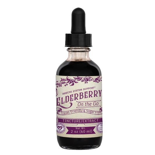 Bottle of Elderberry extract with a dropper on a white background