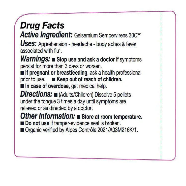 Drug facts label for Gelsemium Sempervivens 30C with active ingredient, uses, warnings, directions, and other information.