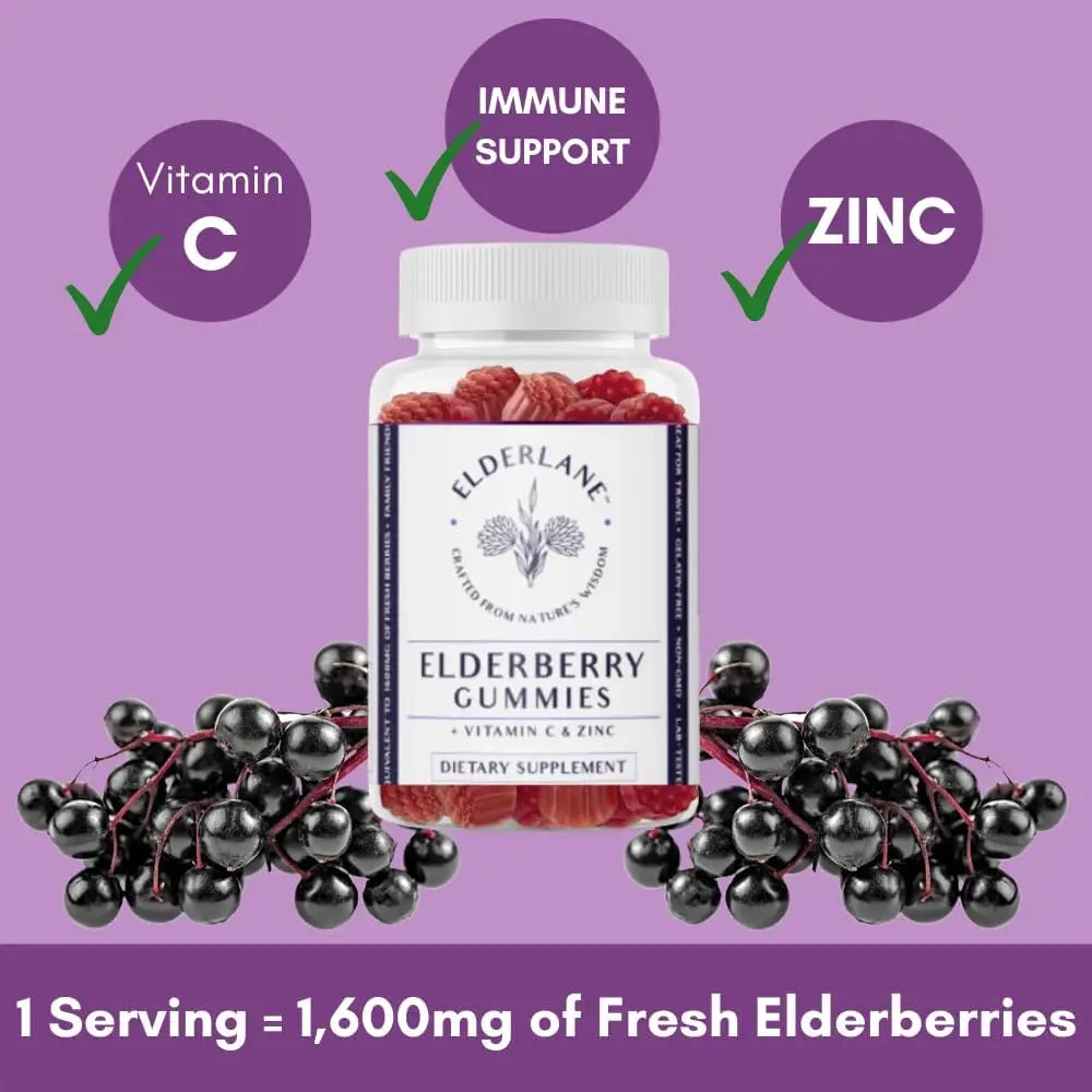 Elderberry gummies with ingredients highlighted on a purple background