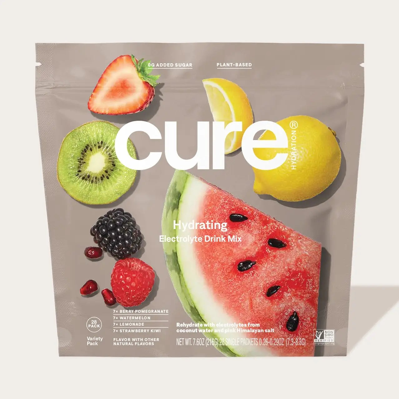 Cure Hydrating Electrolyte Drink Mix package with fruits on a beige background