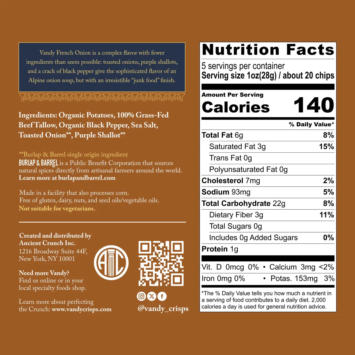Nutrition label and ingredient list for Vandy French Onion chips on a brown background
