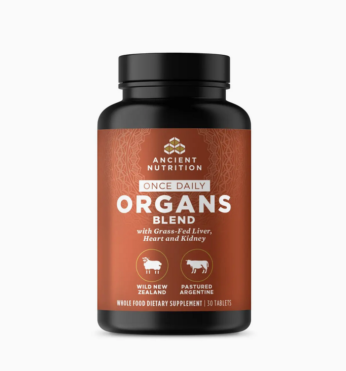 Supplement bottle labeled 'Once Daily Organs Blend' by Ancient Nutrition on a white background