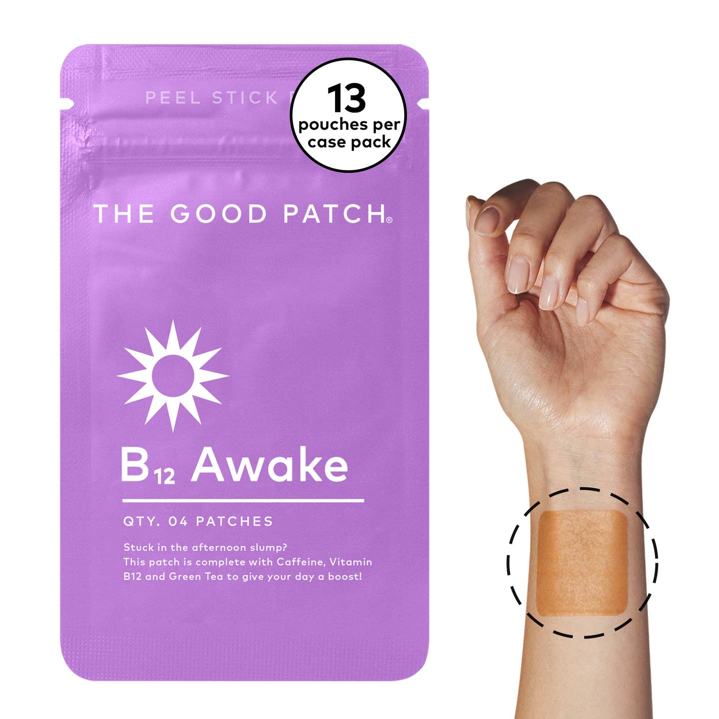 Purple package of 'The Good Patch' B12 Awake patch with a hand wearing the patch on a white background