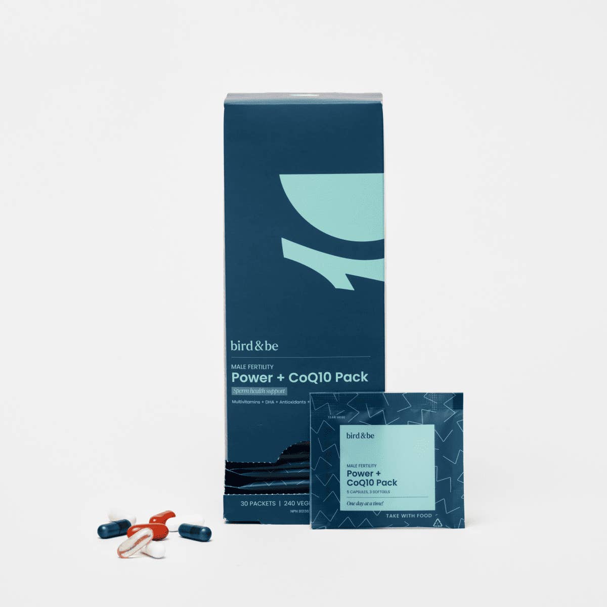 Blue packaging of bird&be Power + CoQ10 Pack with capsules on a white background