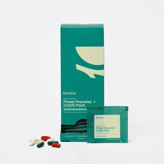 Bird & Be prenatal supplement pack with green box and capsules on a white background