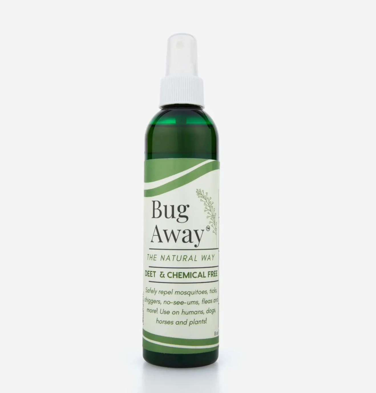 A bottle of 'Bug Away' organic bug repellent spray with a white spray nozzle, labeled as natural and chemical-free.