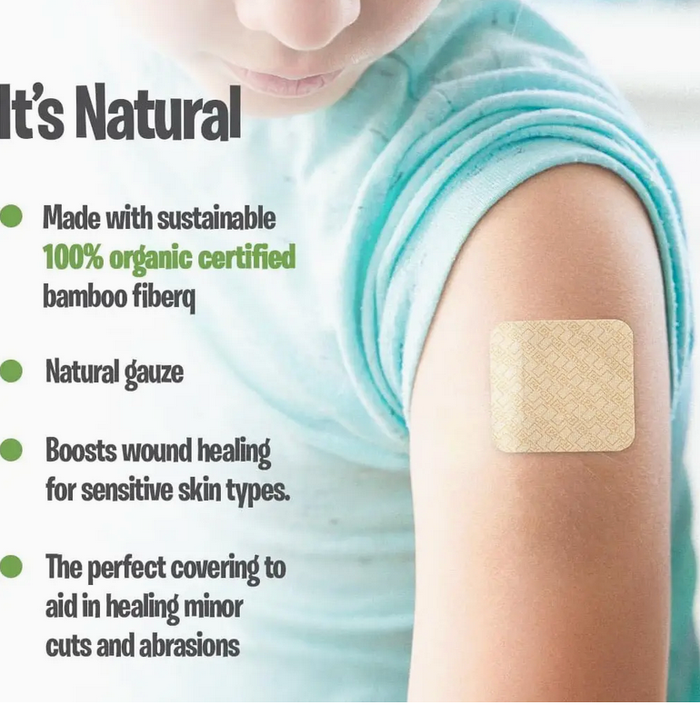 Person wearing a bandage on their arm with product features listed.