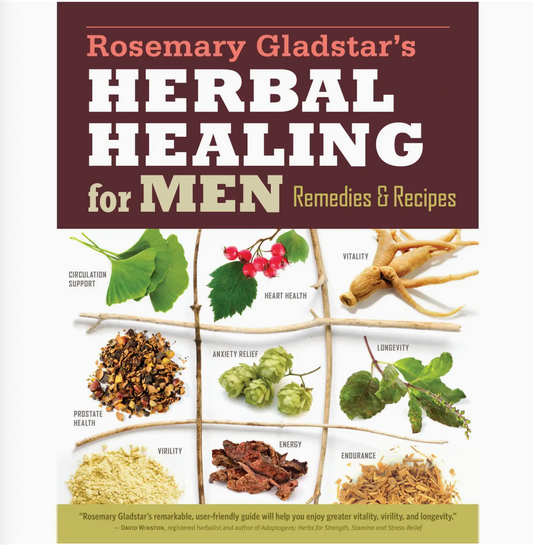 Book cover of 'Herbal Healing for Men' by Rosemary Gladstar with images of herbs and text on a white background.