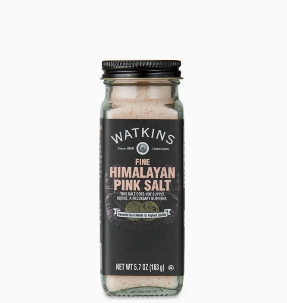 Jar of Watkins Fine Himalayan Pink Salt on a white background