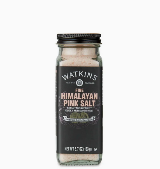 Jar of Watkins Fine Himalayan Pink Salt on a white background