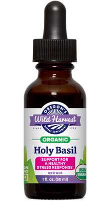 Bottle of Wild Harvest Organic Holy Basil with dropper on a white background