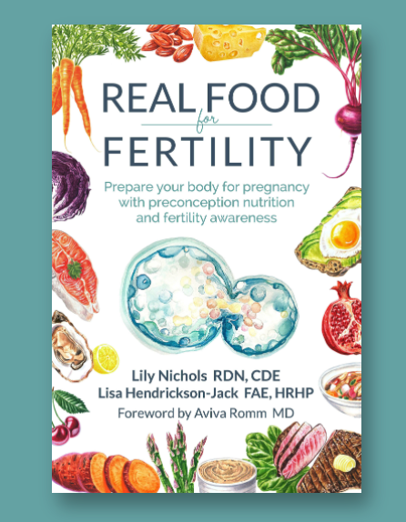 Book cover of 'Real Food for Fertility' with illustrations of food and a fertilized egg.
