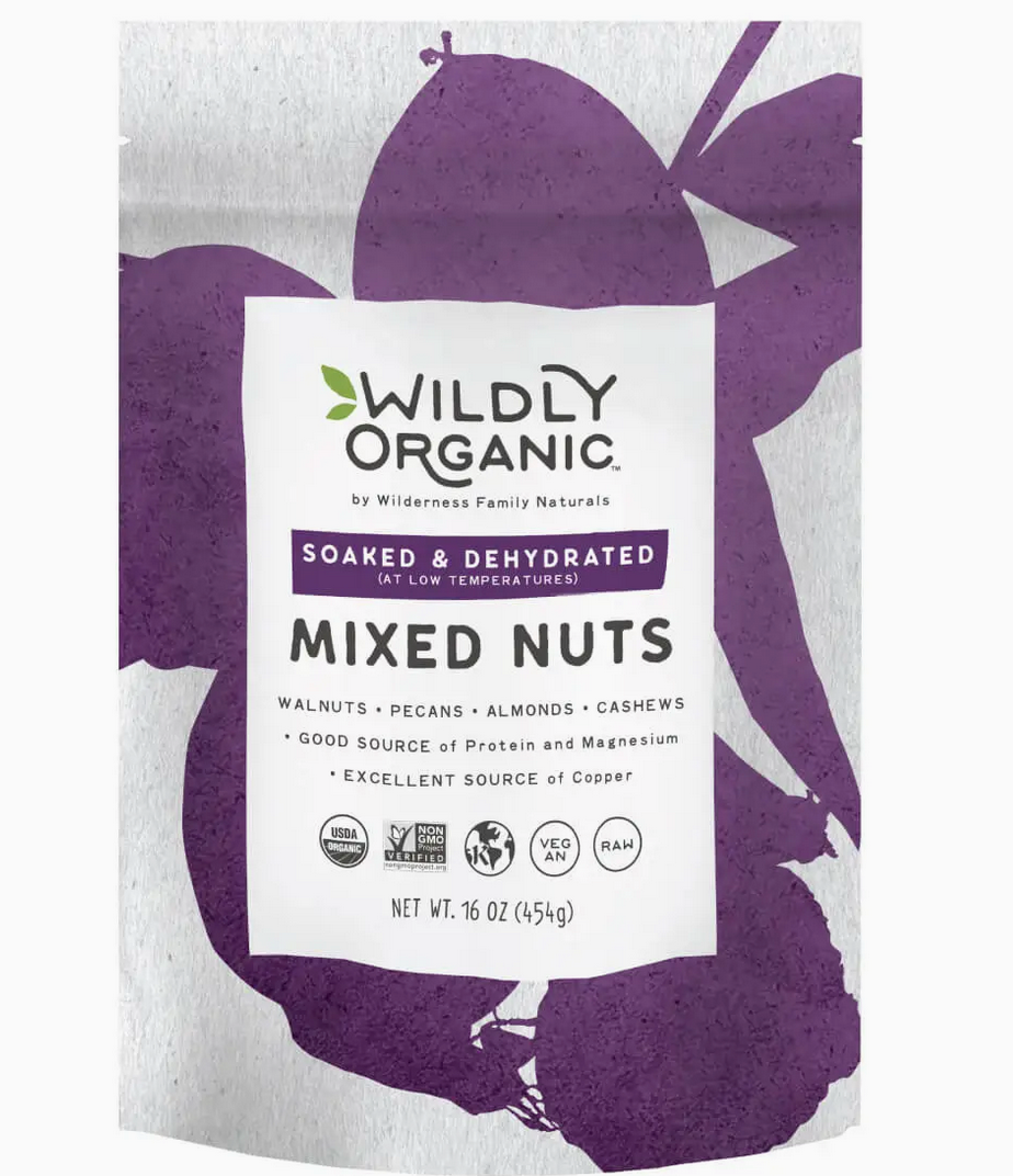 Wildly Organic mixed nuts package with a purple and white design