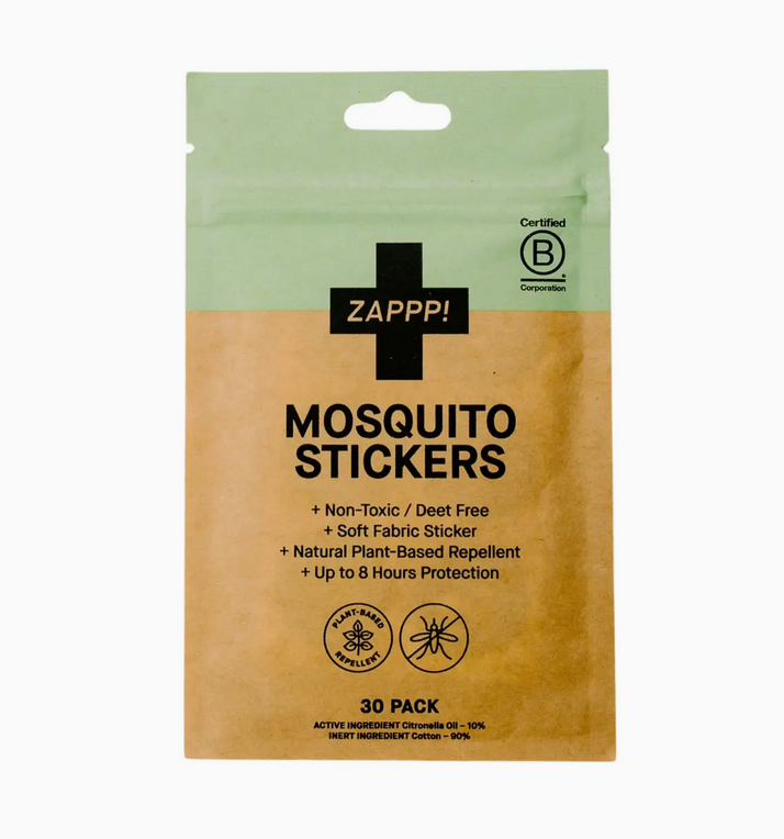 Zapp! Mosquito Stickers packaging with green and brown design on a white background