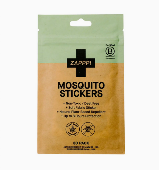 Zapp! Mosquito Stickers packaging with green and brown design on a white background