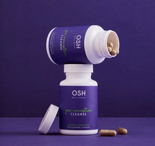 OSH Wellness pre-conception cleanse supplement bottle on a purple background