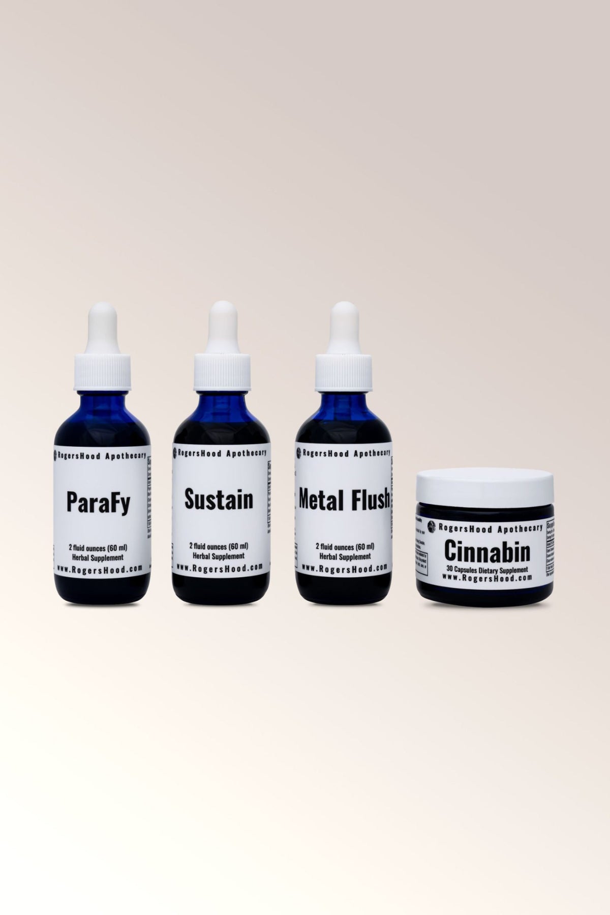 Four bottles and a jar labeled 'Parafy', 'Sustain', 'Metal Flush', and 'Cinnabin' on a light background.