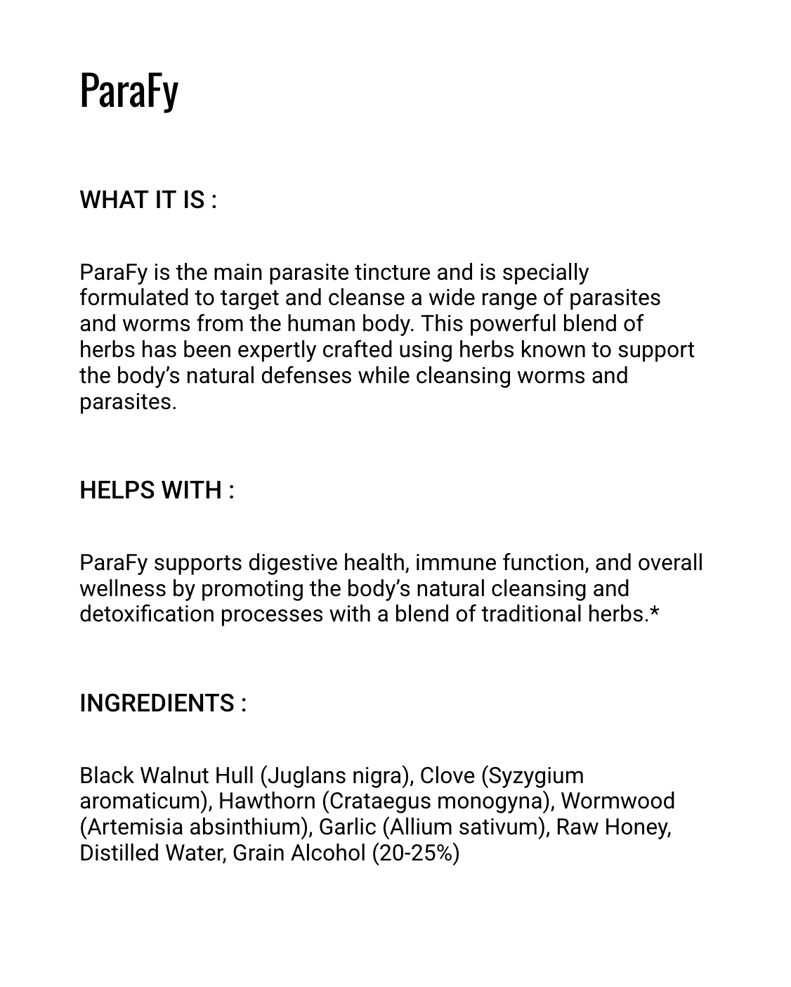 Product description of ParaFY with text on a white background