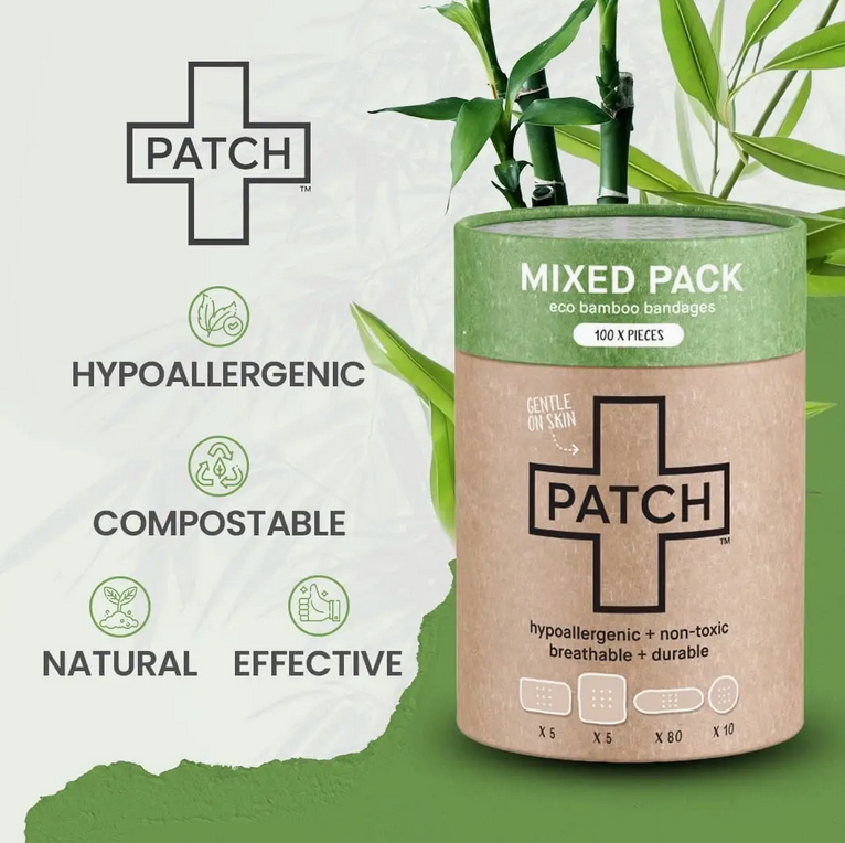 Patch brand packaging with bamboo plant, highlighting eco-friendly features.