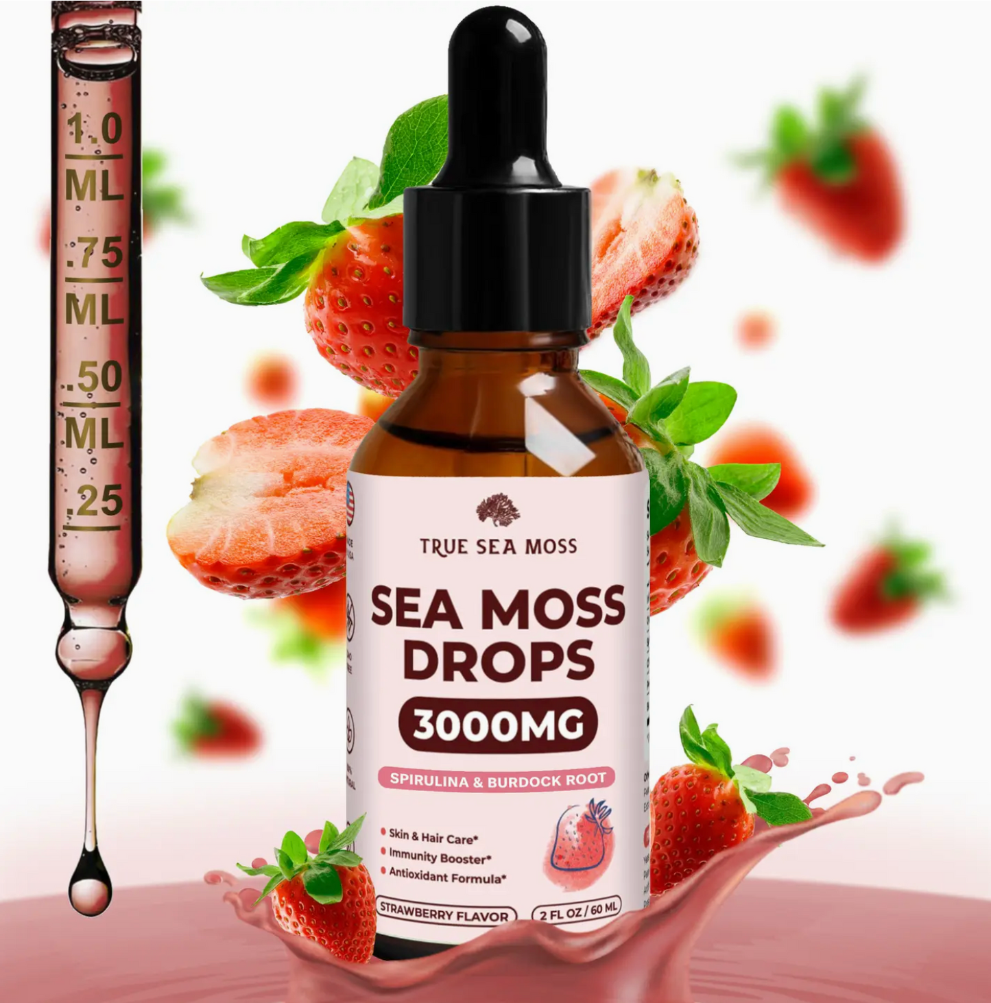 Sea Moss Drops Spirulina & Burdock Root - Strawberry Flavor