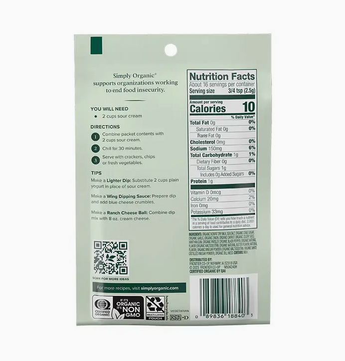 Simply Organic Ranch Dip, Certified Organic